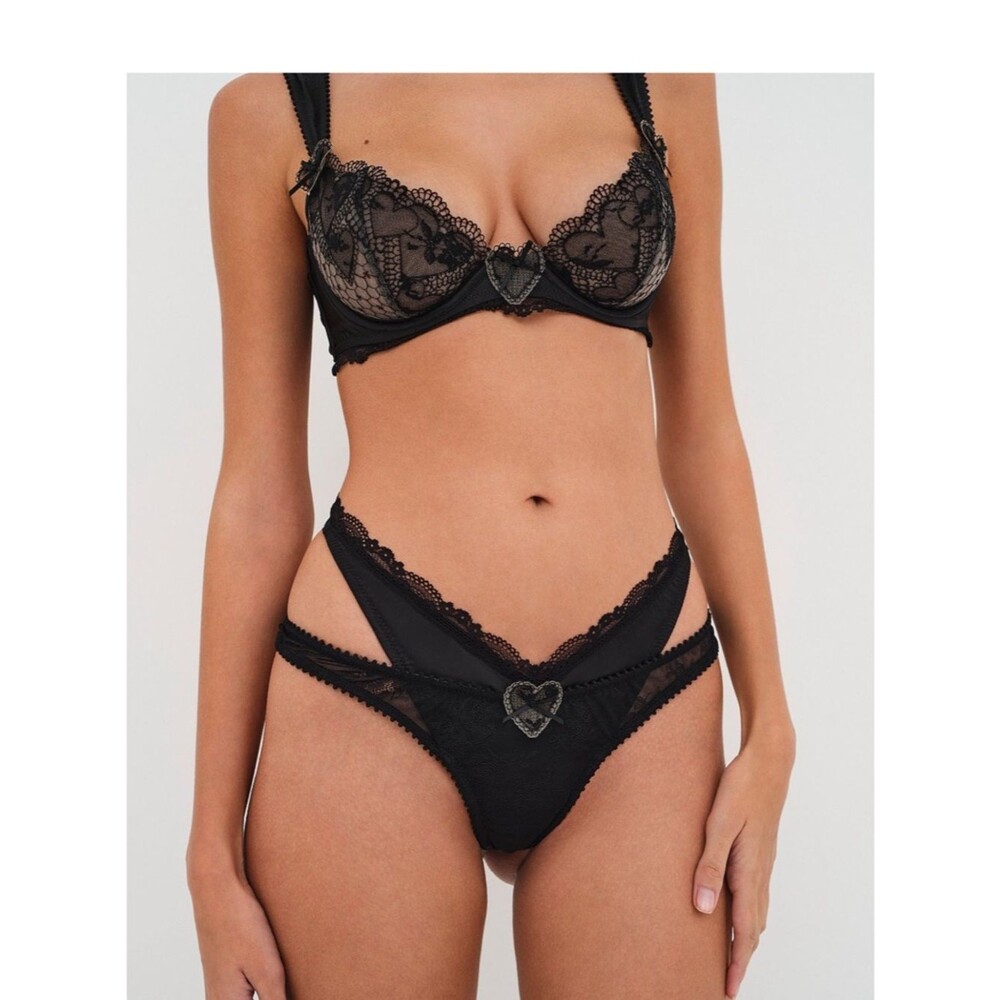 For Love & Lemons Black Lace Double-Strap Thong Brie Panty | XS | NWT